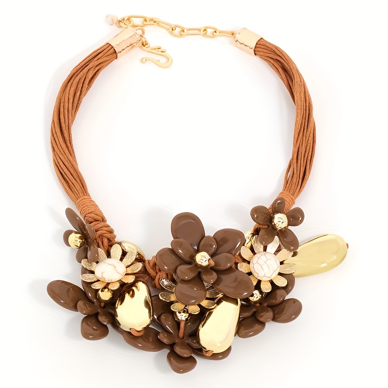 Boho Brown Resin Floral & Geometric Pendant Layer Necklace